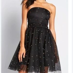 Betsey Johnson Dress Formal Black Rainbow Pearls Tulle layers Strapless Sz 6